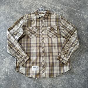 LRG Lifted Research Group Shirt Mens XL Brown Tan Plaid Wovens Button Up Utility
